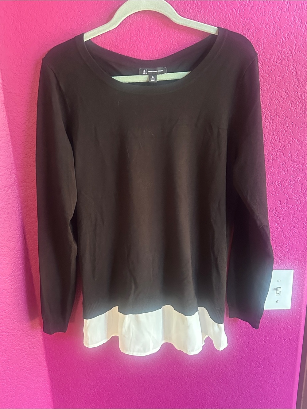 INC International Concepts Black Sweater Top with White Layered Hem